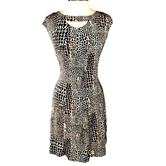 GABBY SKYE Size L A-Line Dress Brown Beige Animal Print Stretch Cap Sleeve - Picture 1 of 9
